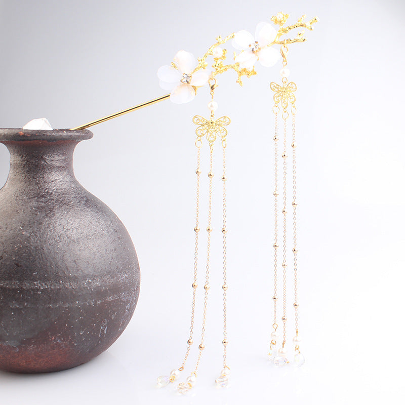 Ancient Style Hair Accessories Hanfu Plum Blossom Branch Tassel Hairpin White Flower Drill - 𝓢𝓱𝓸𝓹𝓵𝓮𝓬𝔂