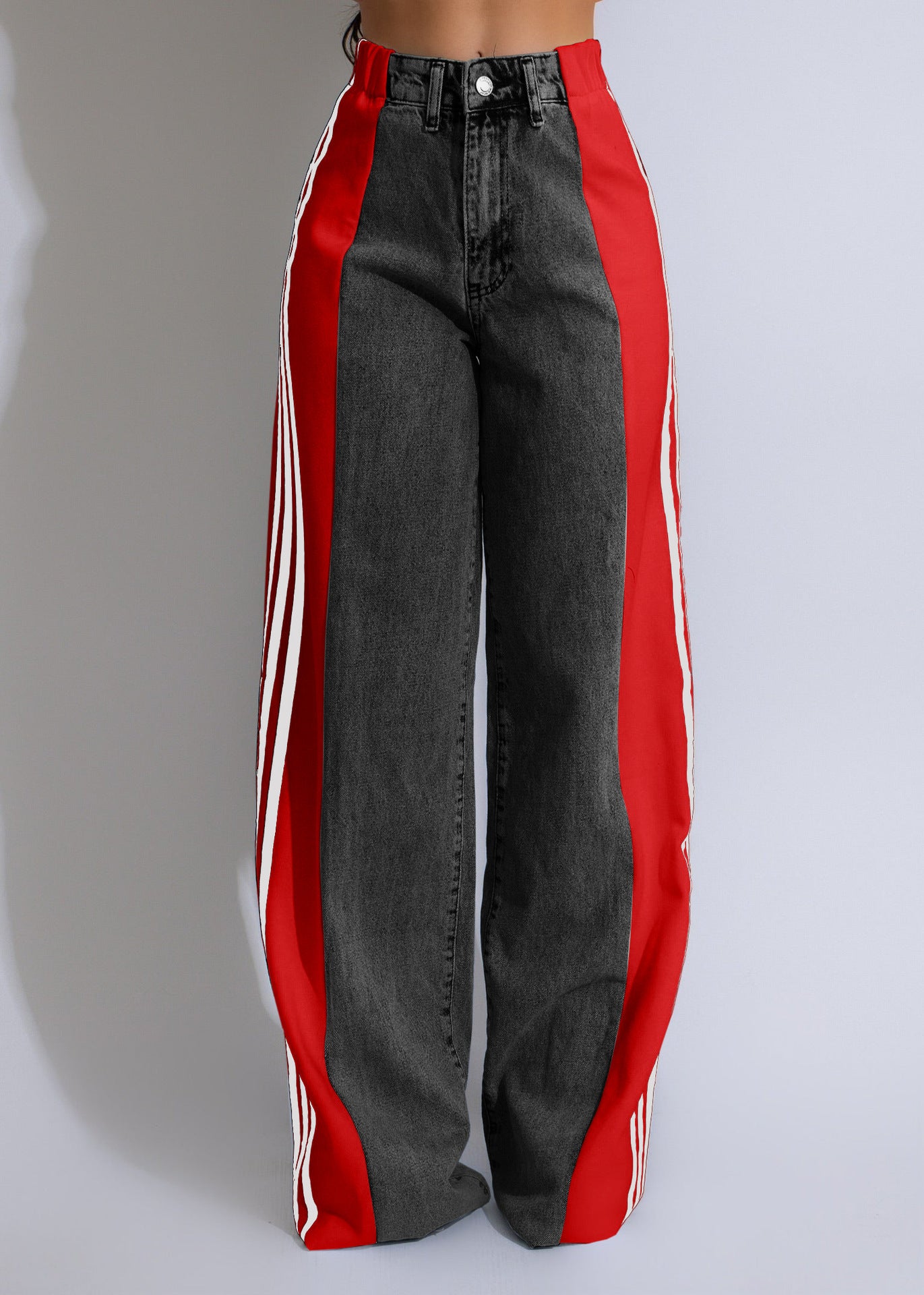 2025 Fashion Casual High Waist Elastic Straight Leg Trousers Three Stripe Patchwork Denim Wide Leg Pants Streetwear - 𝓢𝓱𝓸𝓹𝓵𝓮𝓬𝔂