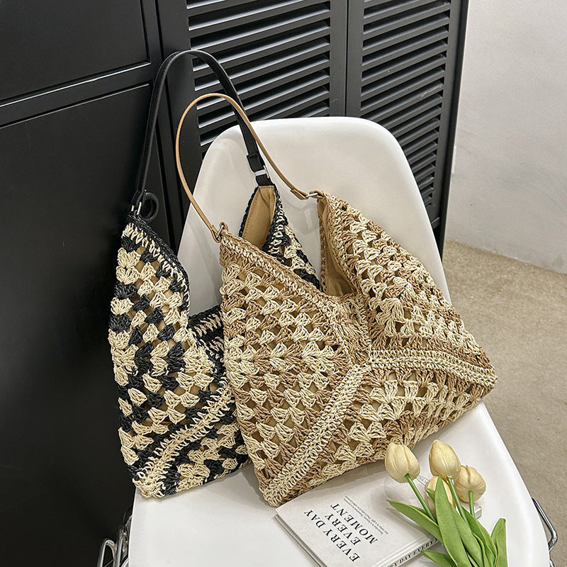 Women's Fashion Handmade Straw Woven Hollow Contrast Color Weave Shoulder Bag - 𝓢𝓱𝓸𝓹𝓵𝓮𝓬𝔂