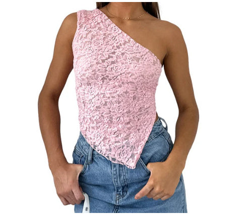Ins Lace Backless Top Summer Solid Color Waistless Asymmetrical Sloped Neck Vest Streetwear Womens Clothes - 𝓢𝓱𝓸𝓹𝓵𝓮𝓬𝔂