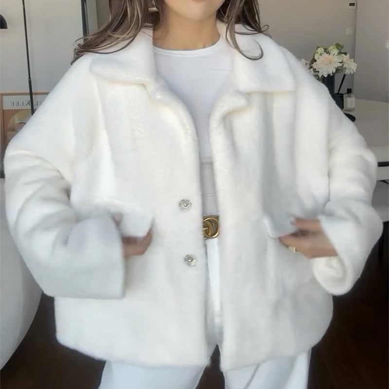 Loose Lapel Single Breasted Furry Coat Winter Fashion Fleece Long Sleeve Jacket Plush Short Top For Woman - 𝓢𝓱𝓸𝓹𝓵𝓮𝓬𝔂