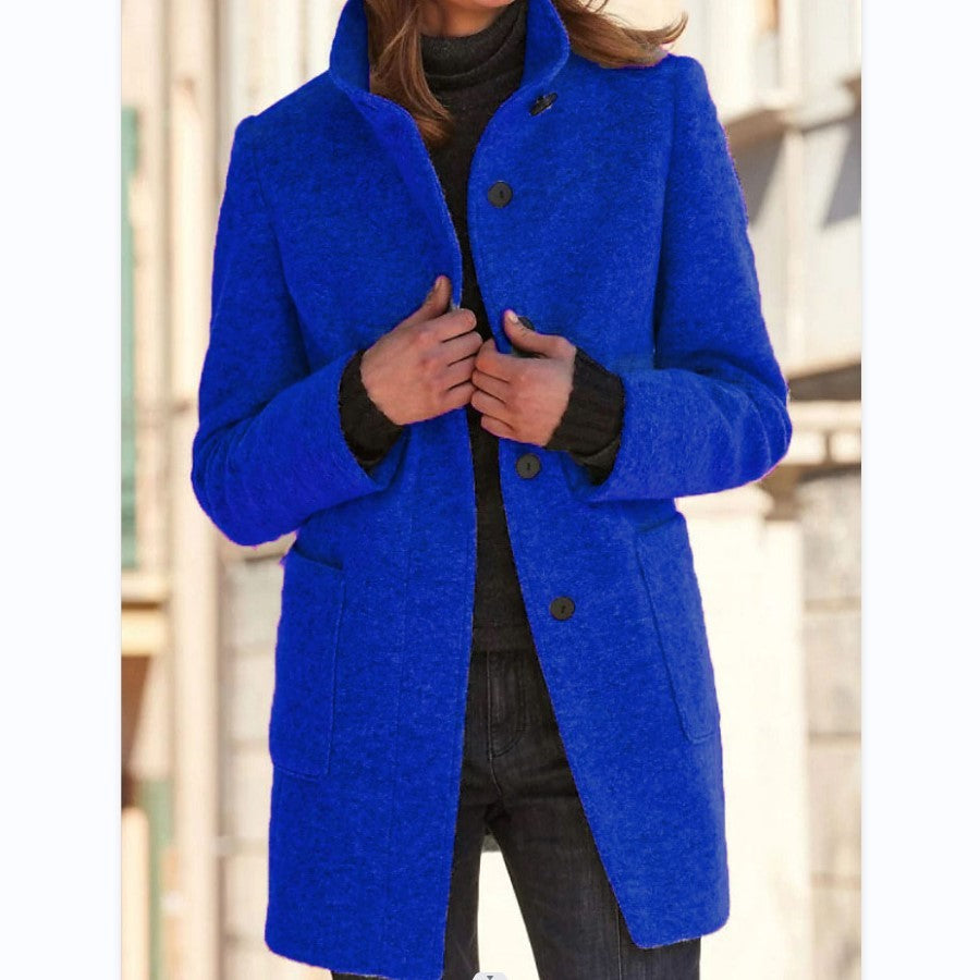 Fashion Stand Collar Woolen Coat With Pockets Fall Winter Casual Button Outwear For Women Clothing - 𝓢𝓱𝓸𝓹𝓵𝓮𝓬𝔂