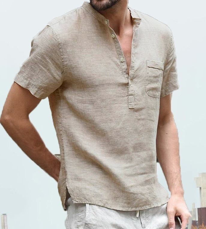 Casual Linen Solid Color Shirt Button V Neck Beach Shirt Men Summer Tops - 𝓢𝓱𝓸𝓹𝓵𝓮𝓬𝔂