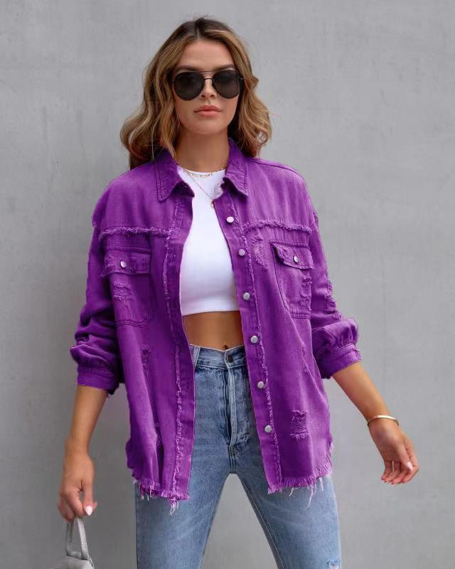 Fashion Ripped Shirt Jacket Female Autumn And Spring Casual Tops Womens Clothing - 𝓢𝓱𝓸𝓹𝓵𝓮𝓬𝔂