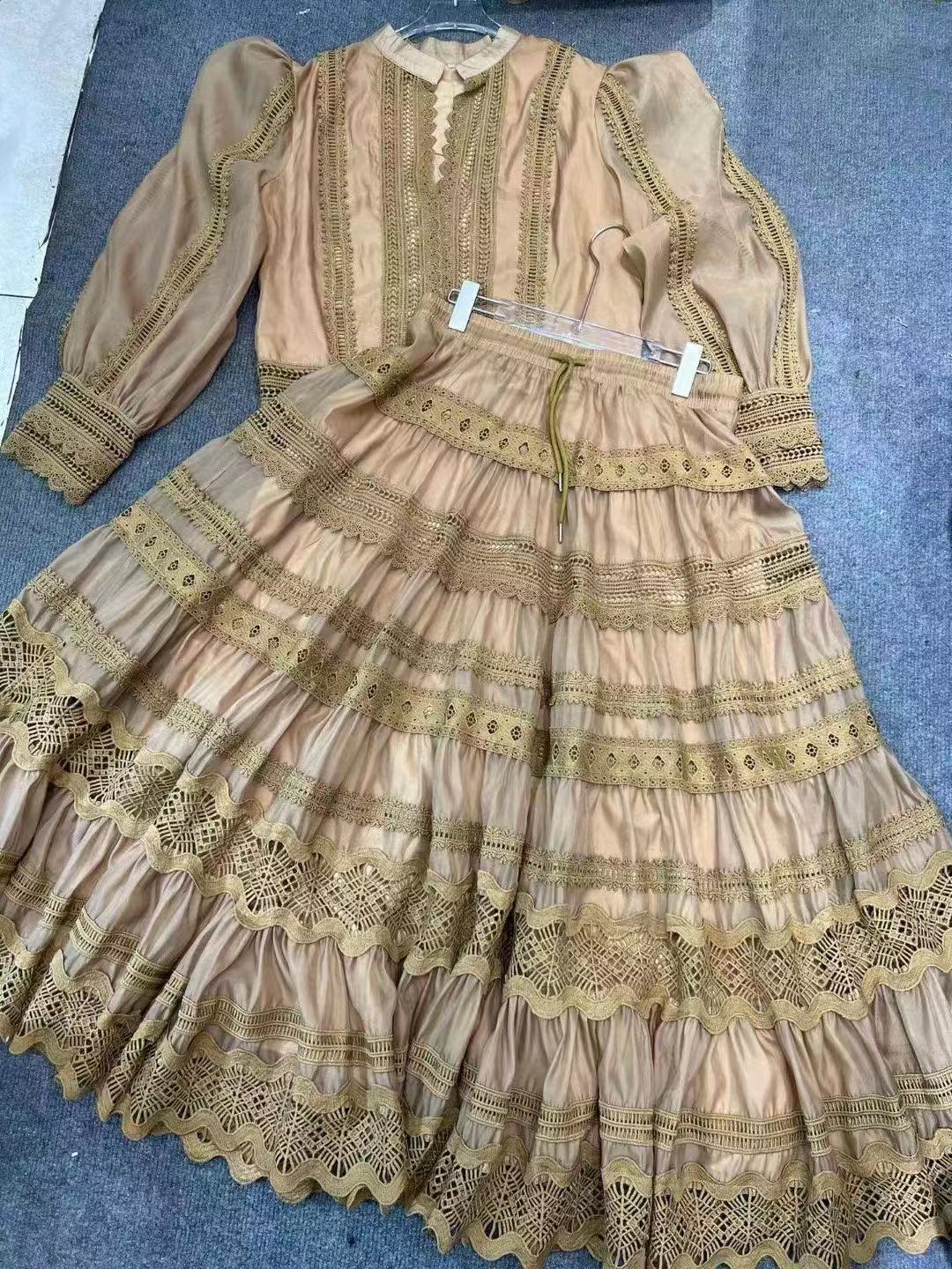 Australia Foreign Trade Fall New Suit Lace Patchwork Top Lace Waist-slimming Long Dress Suit For Women 