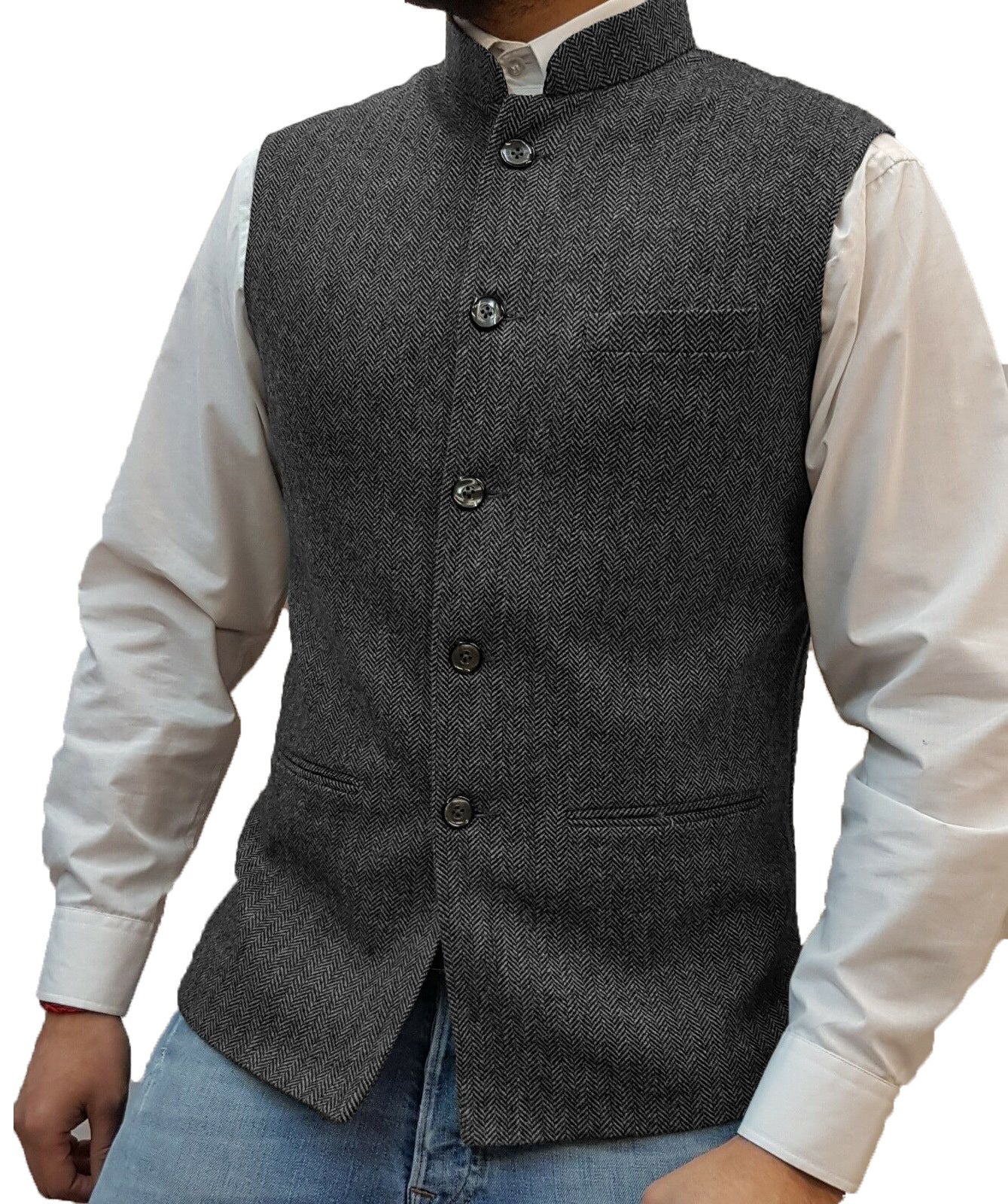 Zhongshan Collar Herringbone Pattern Vest Man - 𝓢𝓱𝓸𝓹𝓵𝓮𝓬𝔂