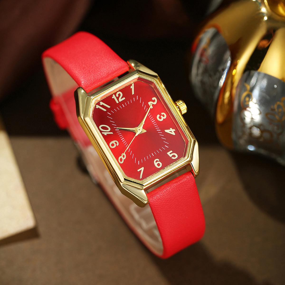 Leather Women's Watch Square Quartz Watch Korean Necklace Earrings Ring Set - 𝓢𝓱𝓸𝓹𝓵𝓮𝓬𝔂