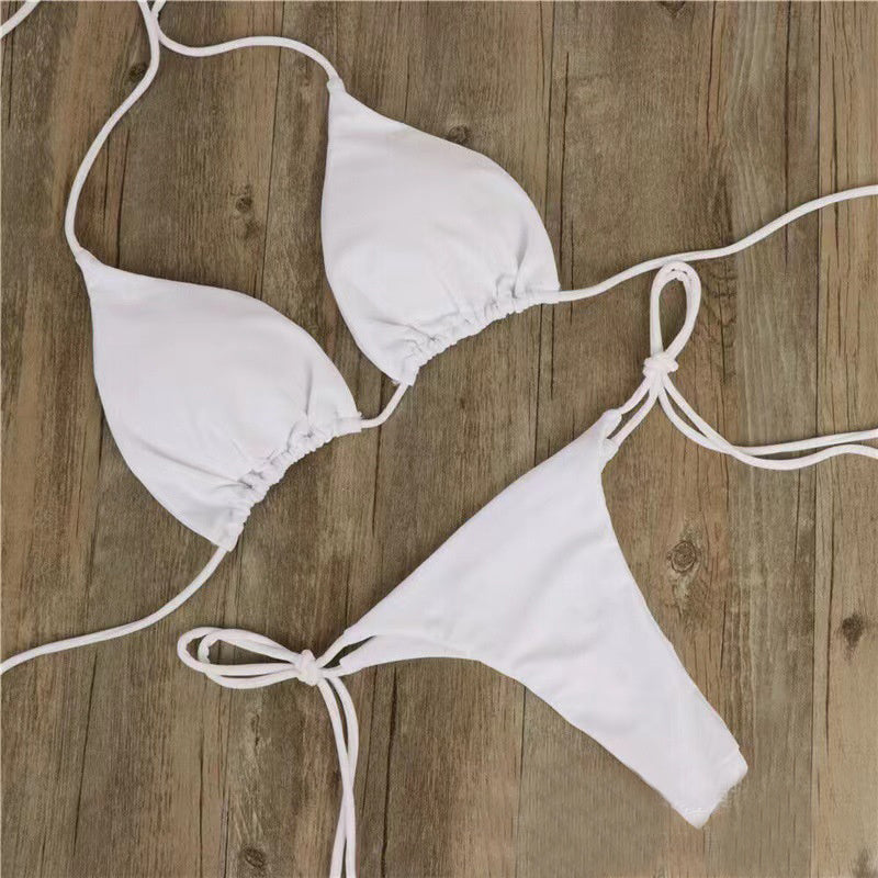 2pcs Halterneck Lace-up Bikini Women Summer Solid Color Sexy Split Strap Adjustable Swimsuit Suit 
