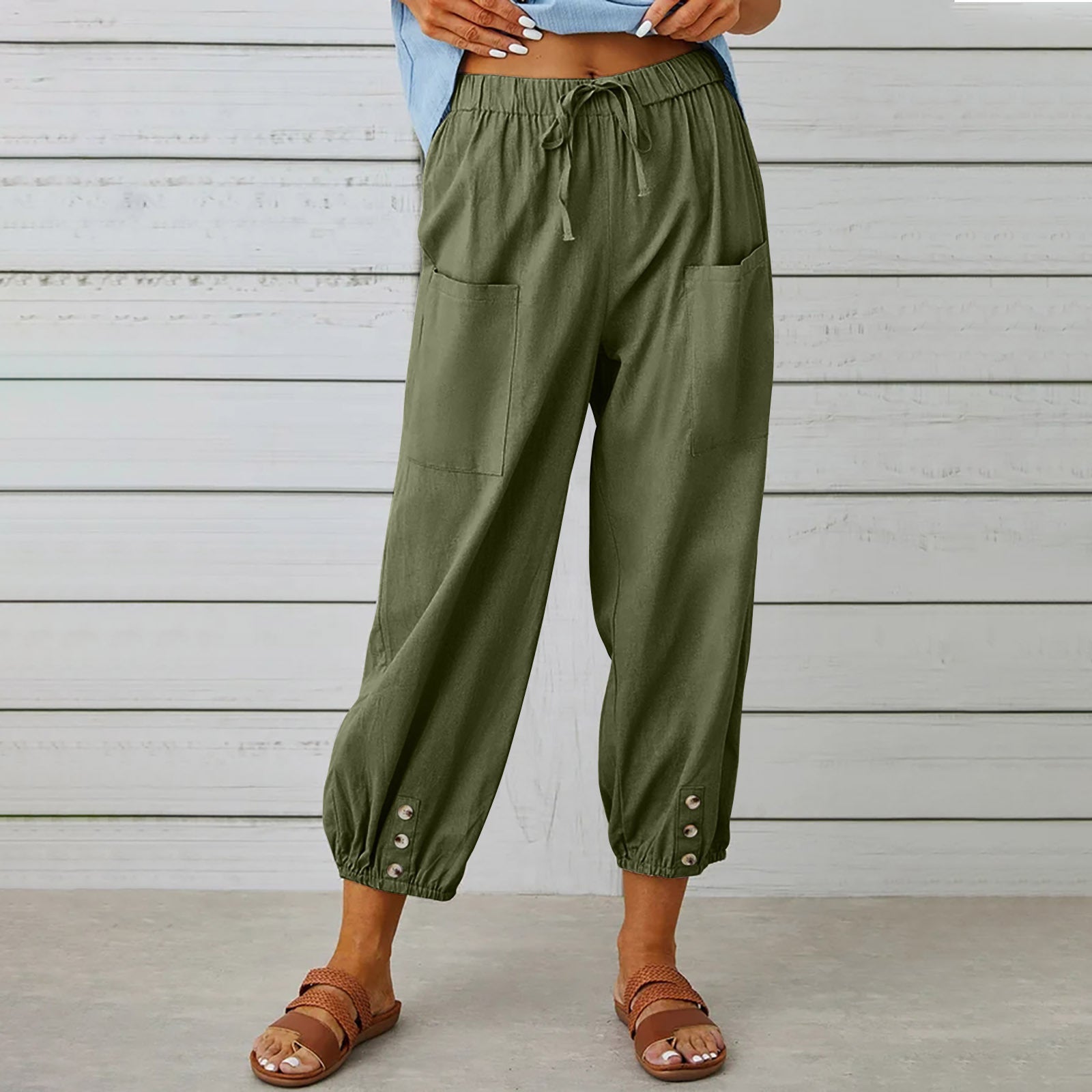 Women Drawstring Tie Pants Spring Summer Cotton And Linen Trousers With Pockets Button - 𝓢𝓱𝓸𝓹𝓵𝓮𝓬𝔂