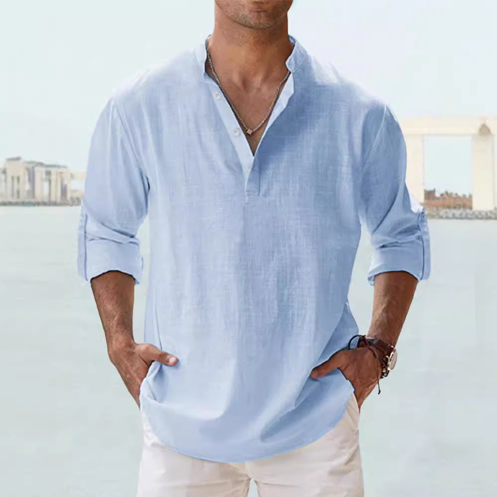 Men's Linen Stand-up Collar Long Sleeve T-shirt Loose Undershirt - 𝓢𝓱𝓸𝓹𝓵𝓮𝓬𝔂