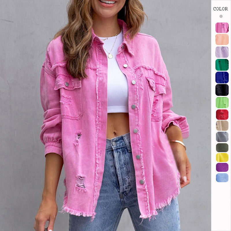 Fashion Ripped Shirt Jacket Female Autumn And Spring Casual Tops Womens Clothing - 𝓢𝓱𝓸𝓹𝓵𝓮𝓬𝔂