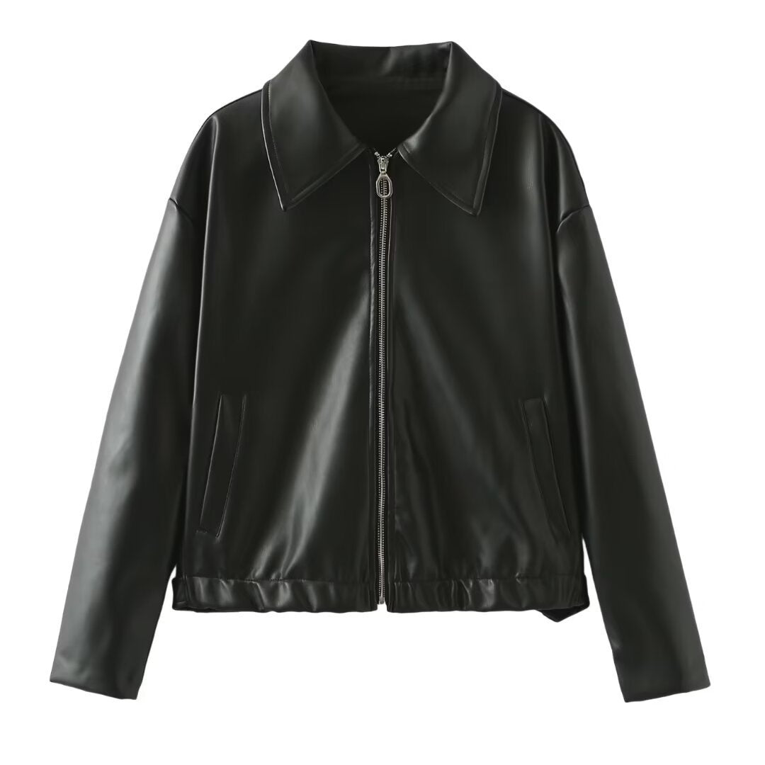 Solid Color Lapel Zipper Jacket Fashion Casual Long Sleeve Leather Coat Tops Women Clothing - 𝓢𝓱𝓸𝓹𝓵𝓮𝓬𝔂
