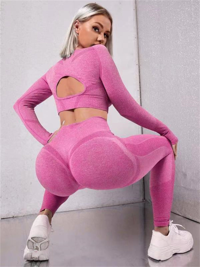 2pcs Sports Suits Long Sleeve Hollow Design Tops And Butt Lifting High Waist Seamless Fitness Leggings Sports Gym Sportswear Outfits Clothing - 𝓢𝓱𝓸𝓹𝓵𝓮𝓬𝔂