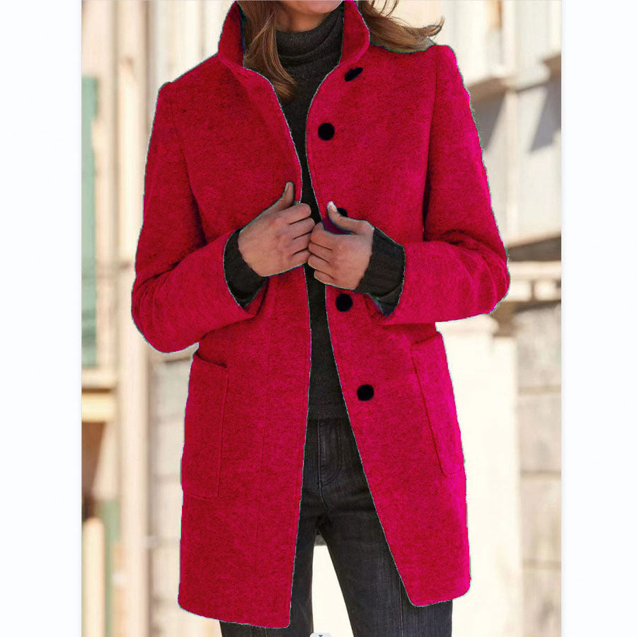 Fashion Stand Collar Woolen Coat With Pockets Fall Winter Casual Button Outwear For Women Clothing - 𝓢𝓱𝓸𝓹𝓵𝓮𝓬𝔂