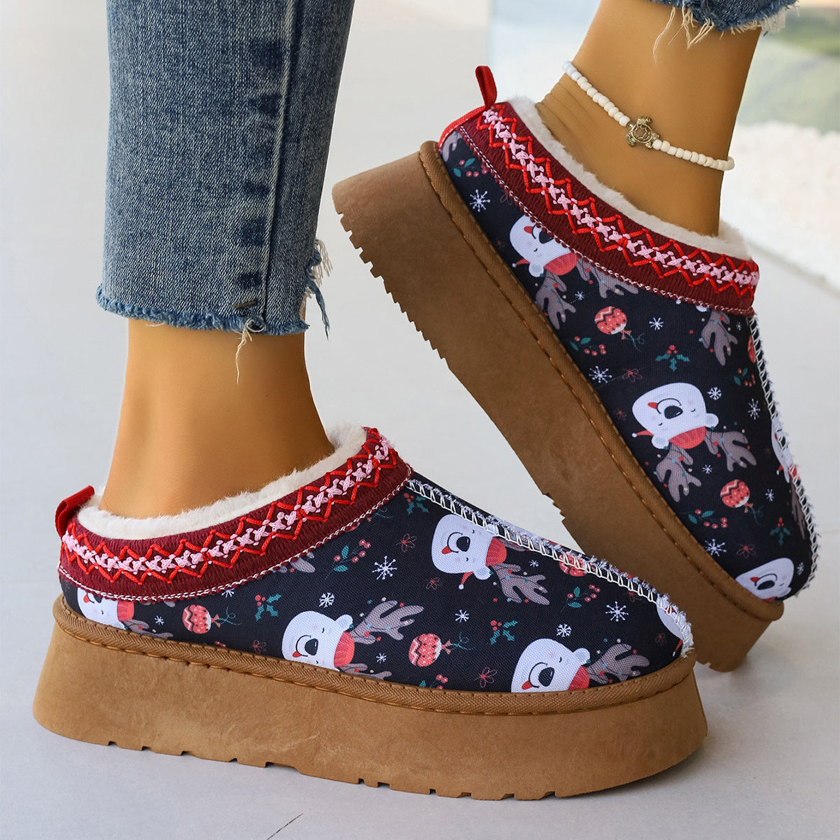 Women's Cartoon Christmas Print Ankle Boots Casual Slip On Plush Lined Home Shoes Comfortable Winter Short Boots - 𝓢𝓱𝓸𝓹𝓵𝓮𝓬𝔂