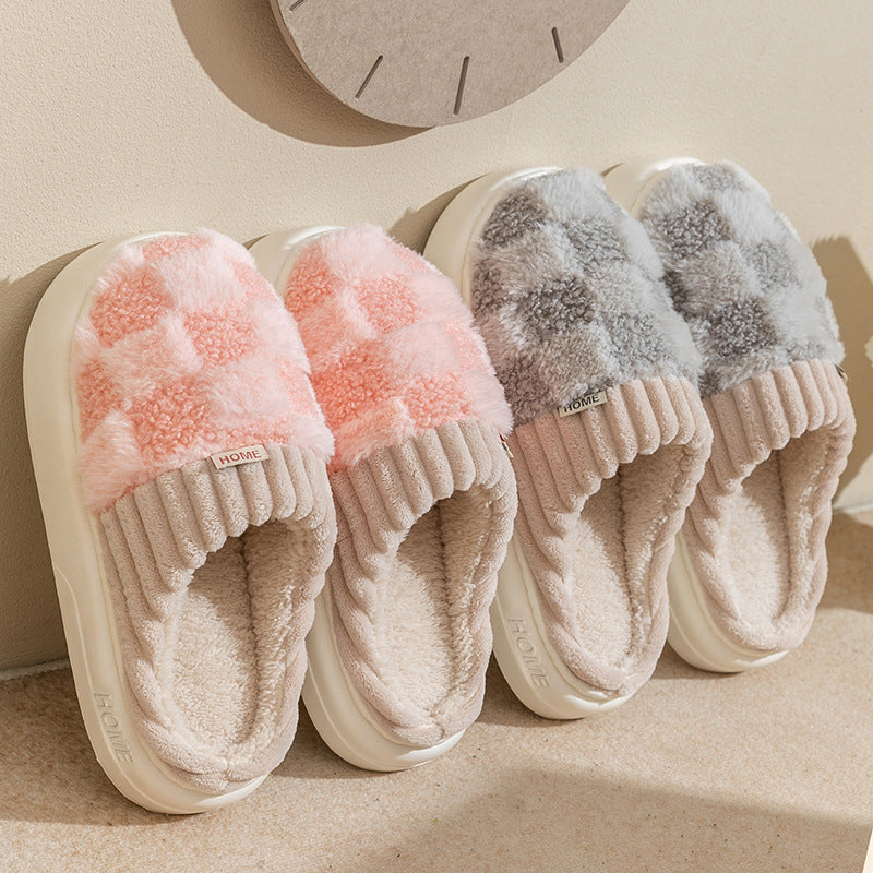Plaid Plush Slippers Women's Indoor Plush Home Slippers Soft Sole Thick Non-Slip Warm House Shoes Couple Autumn And Winter - 𝓢𝓱𝓸𝓹𝓵𝓮𝓬𝔂