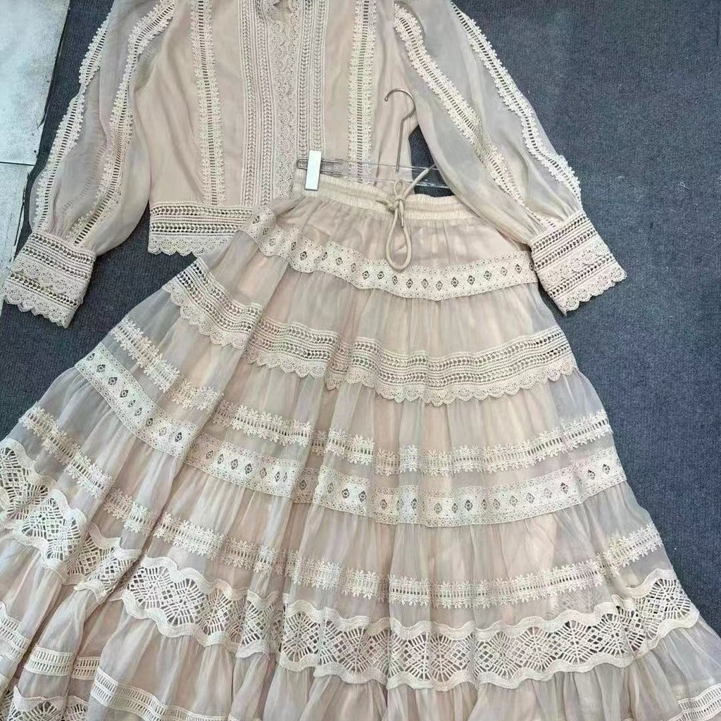 Australia Foreign Trade Fall New Suit Lace Patchwork Top Lace Waist-slimming Long Dress Suit For Women 