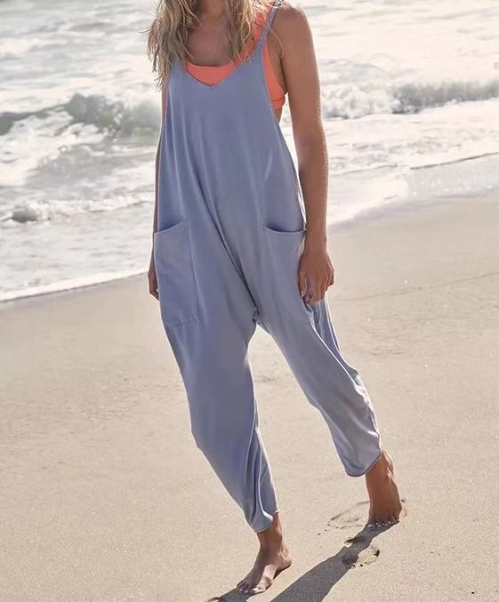 Summer Women's Loose Sleeveless Jumpsuits Spaghetti Strap Long Pant Romper Jumpsuit With Pockets Zipper - 𝓢𝓱𝓸𝓹𝓵𝓮𝓬𝔂