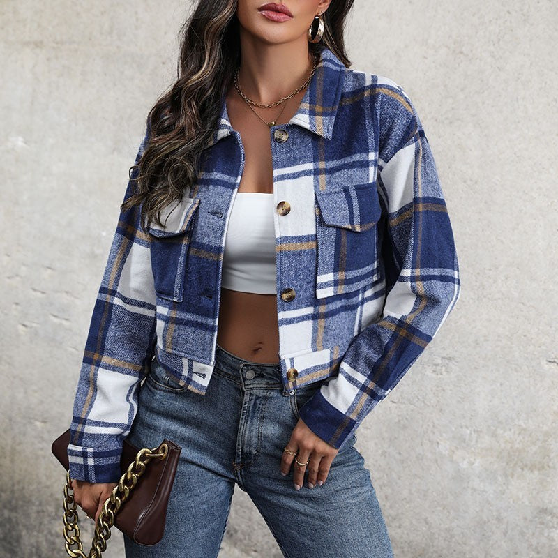 Plaid Lapel Cropped Jacket With Pockets Fashion Button Long Sleeve Short Outwear Tops Coat For Womens Clothing - 𝓢𝓱𝓸𝓹𝓵𝓮𝓬𝔂