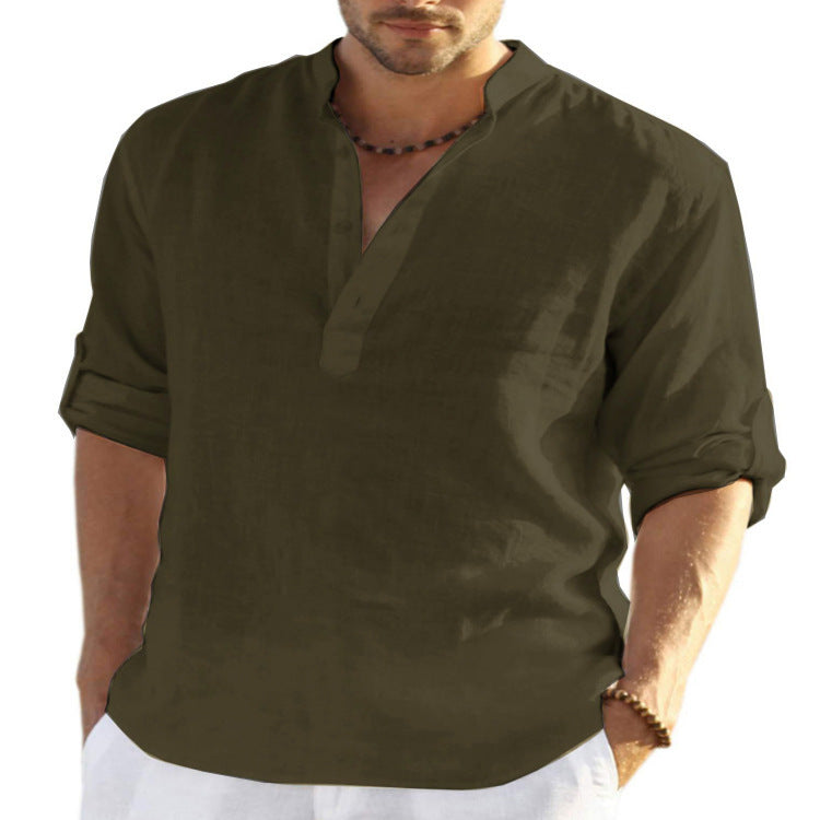 Men's Casual Cotton Linen Solid Color Long Sleeve Shirt Loose Stand Collar - 𝓢𝓱𝓸𝓹𝓵𝓮𝓬𝔂