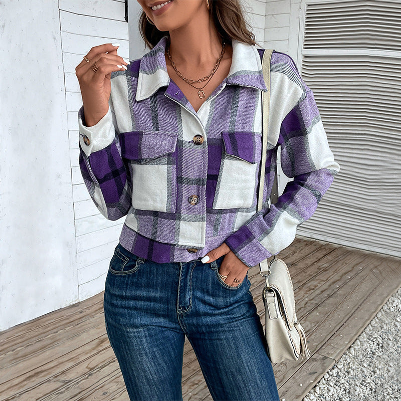 Plaid Lapel Cropped Jacket With Pockets Fashion Button Long Sleeve Short Outwear Tops Coat For Womens Clothing - 𝓢𝓱𝓸𝓹𝓵𝓮𝓬𝔂