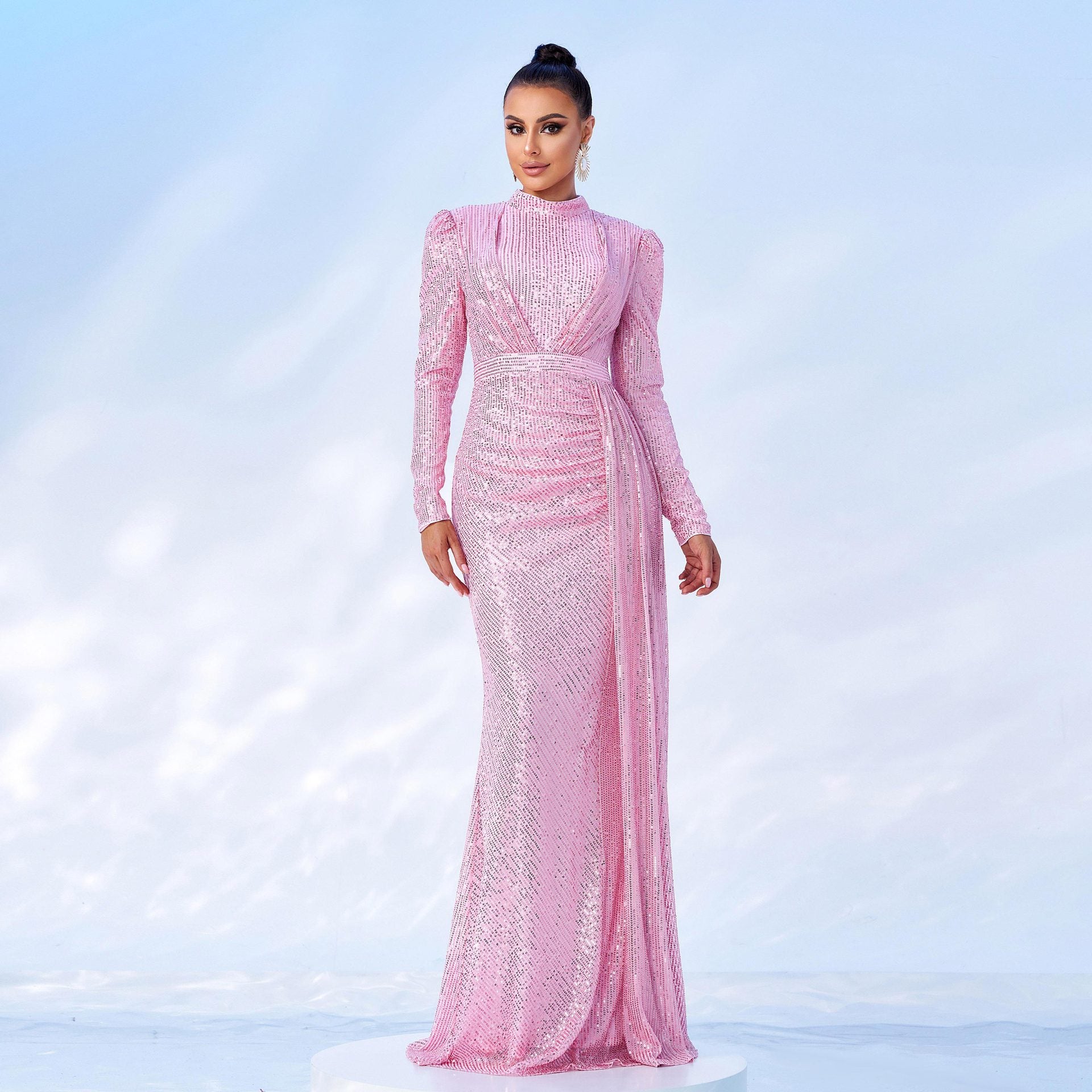 Long Sleeve Round Neck Sexy Slim Long Sequined Banquet Dress - 𝓢𝓱𝓸𝓹𝓵𝓮𝓬𝔂