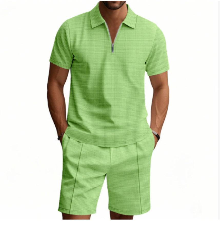 2Pcs Casual Waffle Suit Summer Zipper Lapel Short-sleeved Top And Drawstring Pockets Shorts Versatile Solid Color T-shirt Set For Mens Clothing - 𝓢𝓱𝓸𝓹𝓵𝓮𝓬𝔂