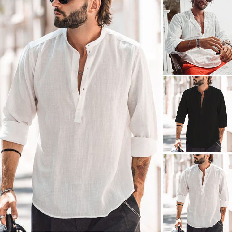 Men's Casual Stand-up Collar Door Barrel Solid Color Long-sleeved Shirt - 𝓢𝓱𝓸𝓹𝓵𝓮𝓬𝔂