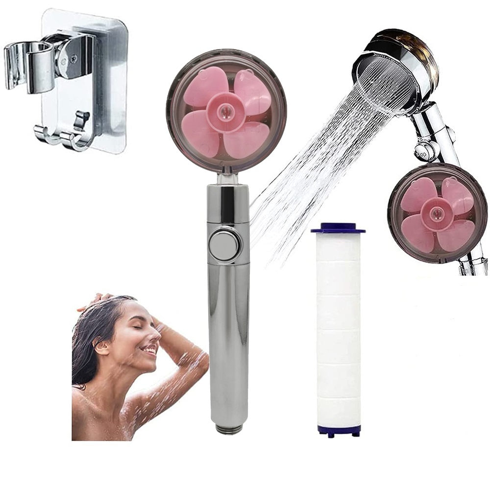 Propeller Driven Shower Head With Stop Button And Cotton Filter Turbocharged High Pressure Handheld Shower Nozzle 