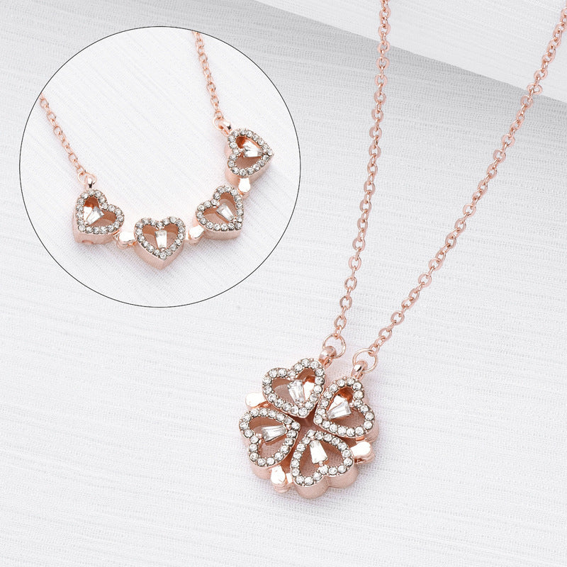Retro Magnetic Folding Heart Shaped Four Leaf Clover Pendant Necklace Women Love Clavicle Chain Gifts Openable Choker Jewelry - 𝓢𝓱𝓸𝓹𝓵𝓮𝓬𝔂