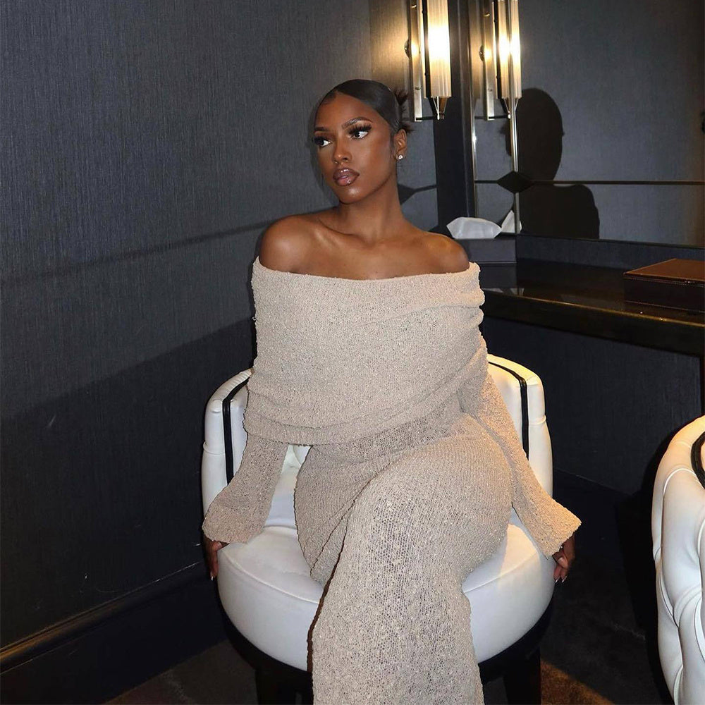 New One-shoulder Knitted Long-sleeved Dress Sexy Beach Holiday Long Dresses Womens Clothing - 𝓢𝓱𝓸𝓹𝓵𝓮𝓬𝔂