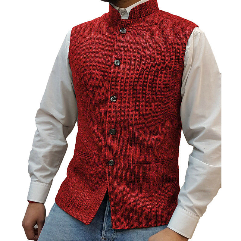 Zhongshan Collar Herringbone Pattern Vest Man - 𝓢𝓱𝓸𝓹𝓵𝓮𝓬𝔂