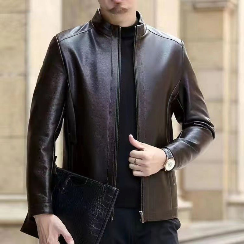 Leather Jacket For Middle-aged Men Leather Clothing With Stand Collar Men Fleece-lined - 𝓢𝓱𝓸𝓹𝓵𝓮𝓬𝔂