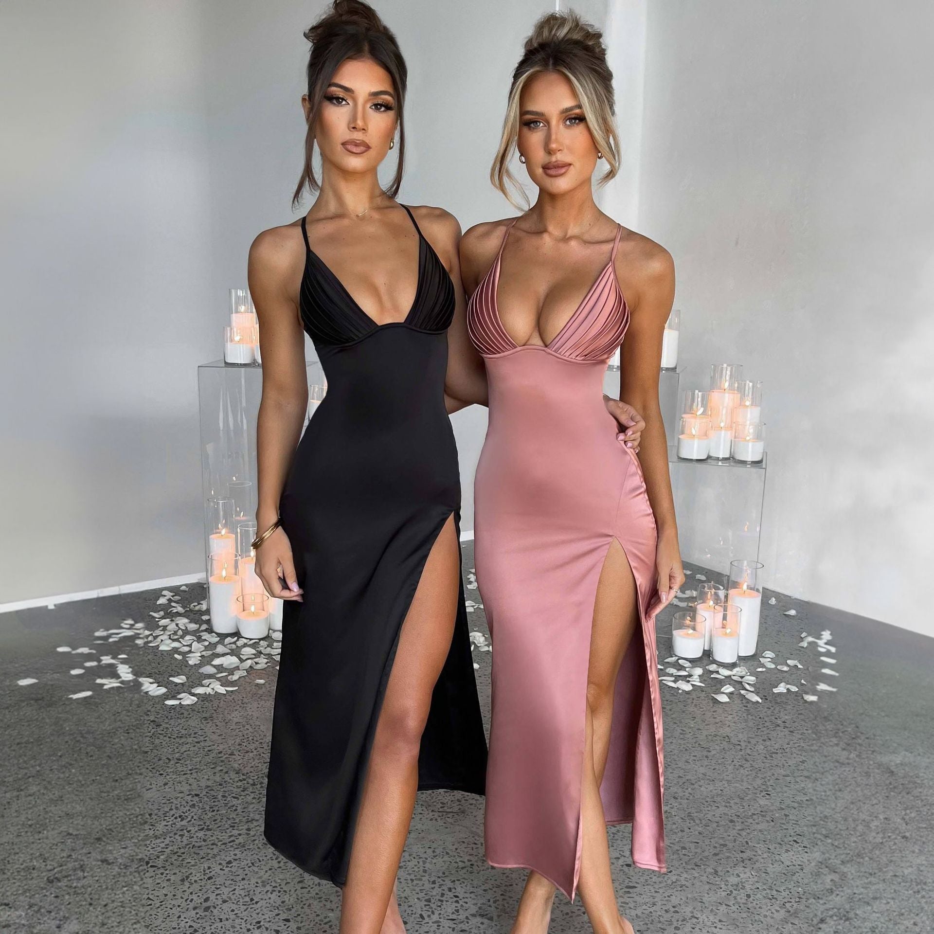 Spaghetti Strap Dress With Split Design Deep V-neck Sleeveless Backless Bodycon Party Dresses For Womens Clothing - 𝓢𝓱𝓸𝓹𝓵𝓮𝓬𝔂