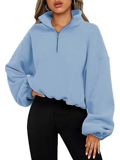 Loose Sport Pullover Hoodie Women Winter Solid Color Zipper Stand Collar Sweatshirt Thick Warm Clothing - 𝓢𝓱𝓸𝓹𝓵𝓮𝓬𝔂