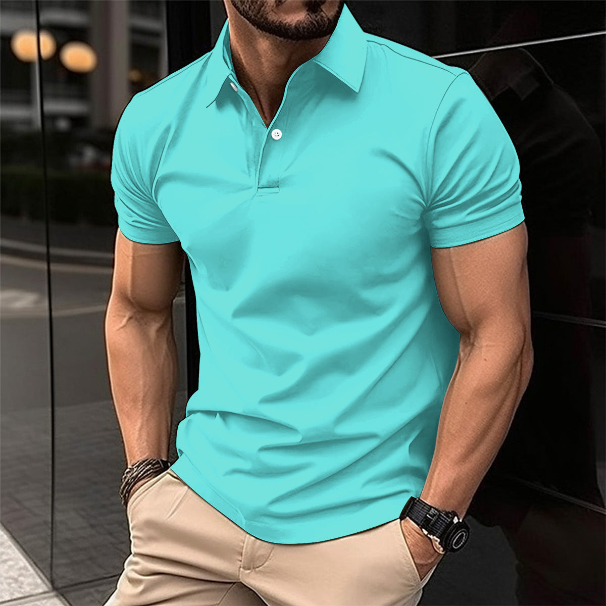 Summer Short Sleeve Polo Shirt Men Solid Color Button Lapel Button Top - 𝓢𝓱𝓸𝓹𝓵𝓮𝓬𝔂