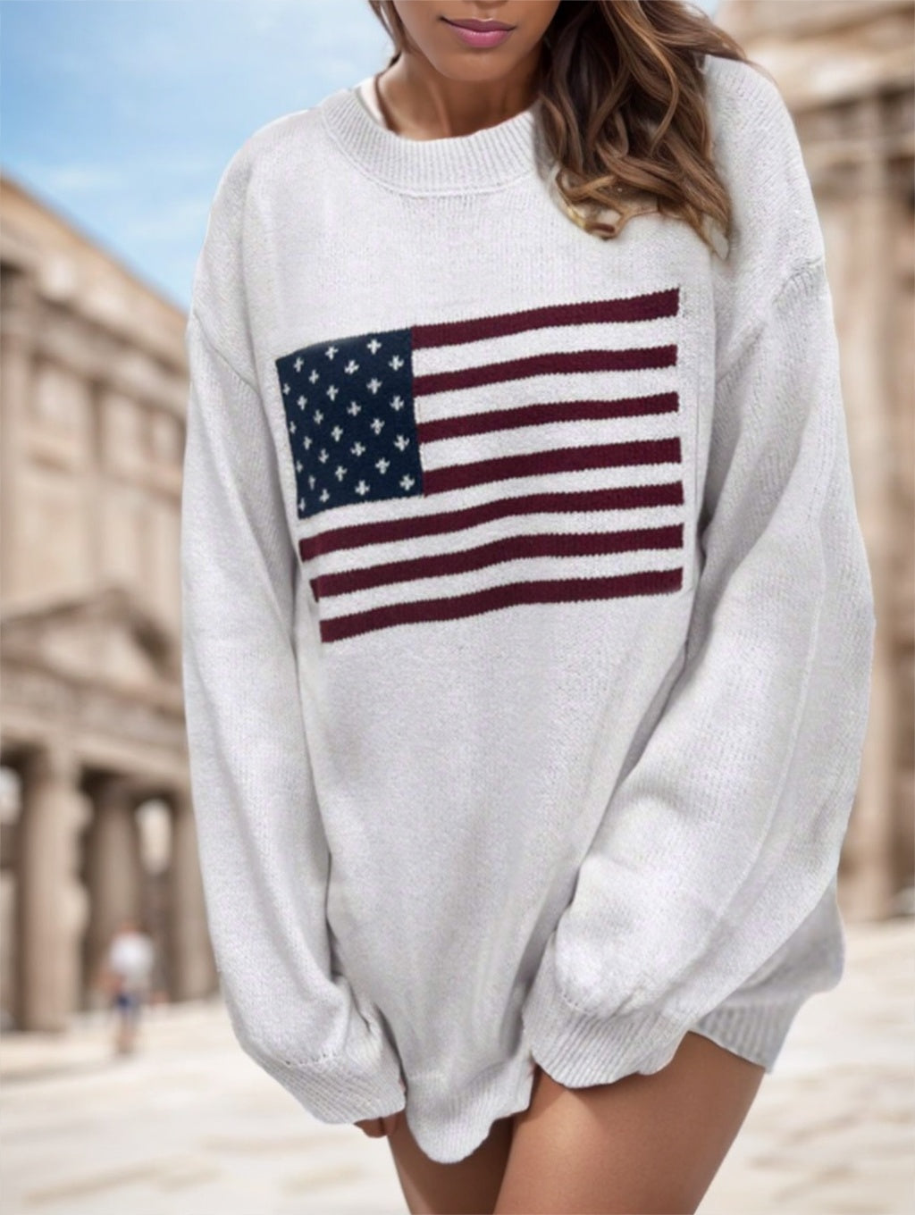 Usa Flag Design Drop Shoulder Sweater,Long Sleeve Tops - 𝓢𝓱𝓸𝓹𝓵𝓮𝓬𝔂