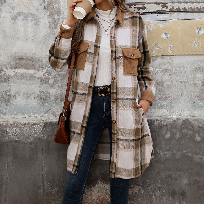 New Brushed Plaid Long Coat With Pockets Fashion Winter Jacket Outwear Women's Clothing - 𝓢𝓱𝓸𝓹𝓵𝓮𝓬𝔂