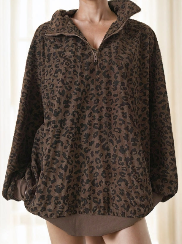 Women Casual Zip Up Front Long Sleeve Leopard Print Sweatshirt - 𝓢𝓱𝓸𝓹𝓵𝓮𝓬𝔂