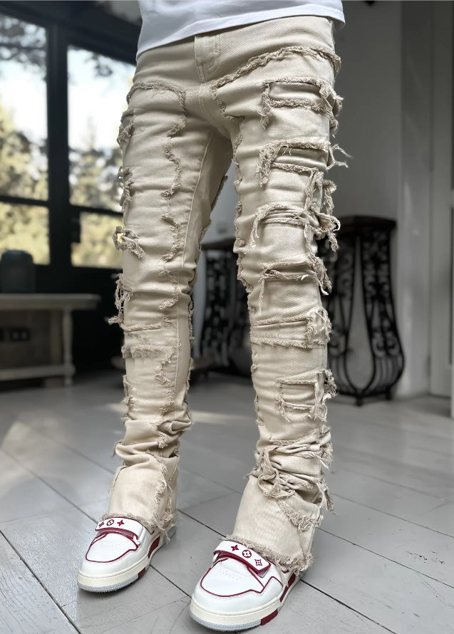 Men Trousers Individual Patched Pants Long Tight Fit Stacked Jeans For Mens Clothing - 𝓢𝓱𝓸𝓹𝓵𝓮𝓬𝔂