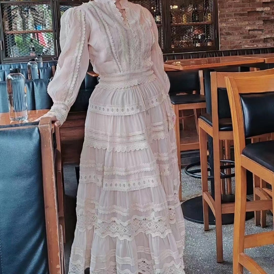 Australia Foreign Trade Fall New Suit Lace Patchwork Top Lace Waist-slimming Long Dress Suit For Women 