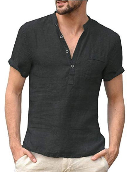 Casual Linen Solid Color Shirt Button V Neck Beach Shirt Men Summer Tops - 𝓢𝓱𝓸𝓹𝓵𝓮𝓬𝔂