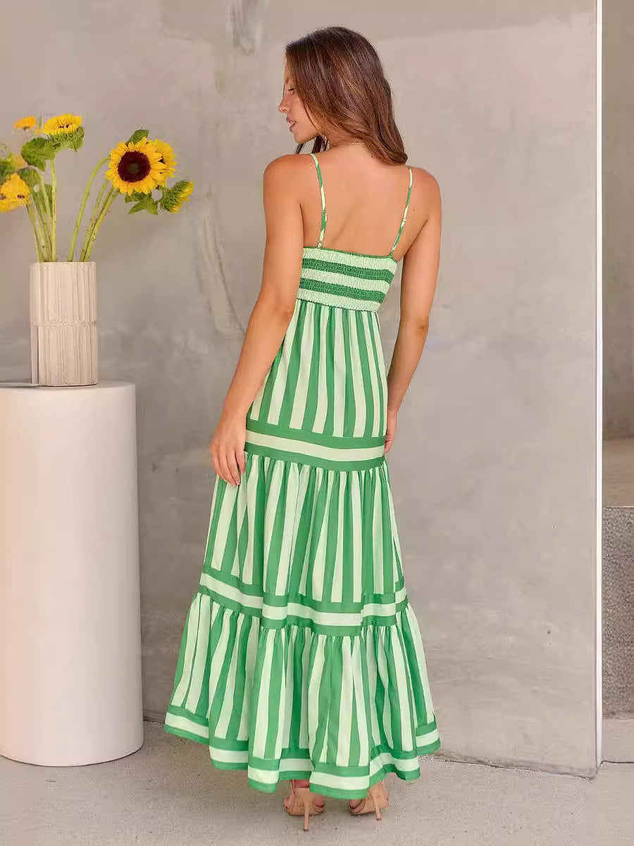 Summer Striped Printed Suspender Long Dress With Pockets Fashion Square Neck Backless Dresses For Beach Vacation Women Clothing - 𝓢𝓱𝓸𝓹𝓵𝓮𝓬𝔂
