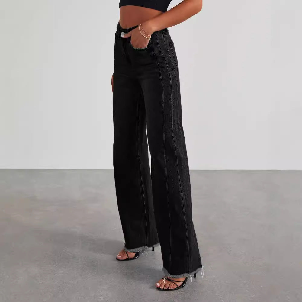 Fashion High Waist Jeans With Pockets Comfortable Slim Fit Straight Wide-leg Pants Womens Clothing - 𝓢𝓱𝓸𝓹𝓵𝓮𝓬𝔂