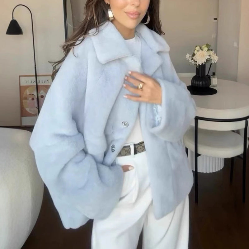 Loose Lapel Single Breasted Furry Coat Winter Fashion Fleece Long Sleeve Jacket Plush Short Top For Woman - 𝓢𝓱𝓸𝓹𝓵𝓮𝓬𝔂