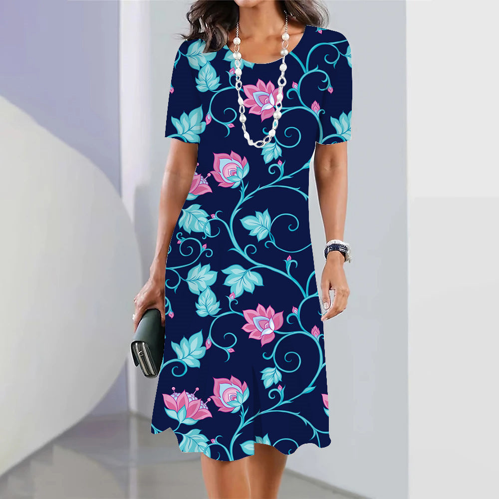 3d Floral Blue Printed Round Neck Fashion Party Dress - 𝓢𝓱𝓸𝓹𝓵𝓮𝓬𝔂