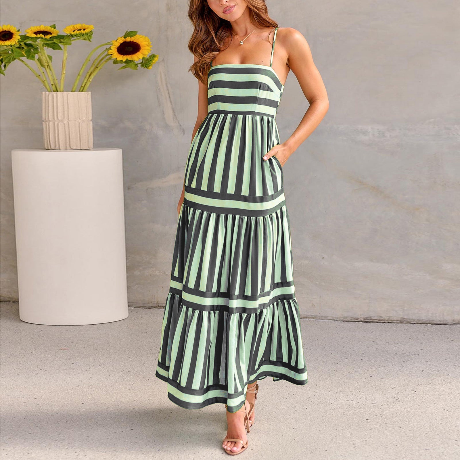 Summer Striped Printed Suspender Long Dress With Pockets Fashion Square Neck Backless Dresses For Beach Vacation Women Clothing - 𝓢𝓱𝓸𝓹𝓵𝓮𝓬𝔂
