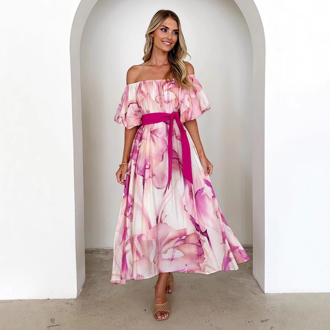 European American Summer New Temperament Shoulder Waist Puff Sleeve Printed Large Swing Dress - 𝓢𝓱𝓸𝓹𝓵𝓮𝓬𝔂
