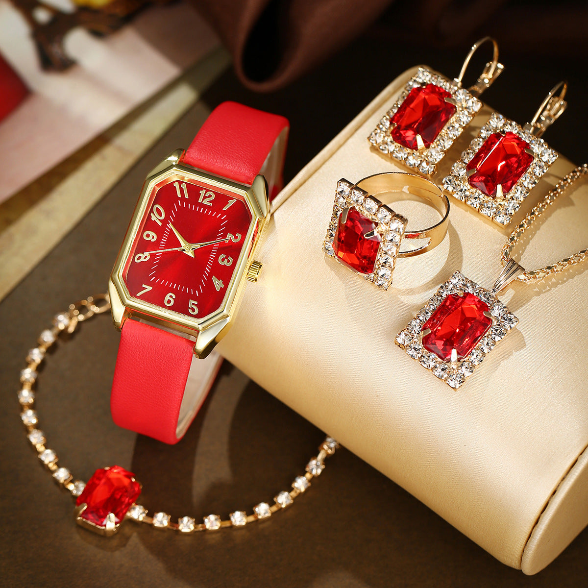Leather Women's Watch Square Quartz Watch Korean Necklace Earrings Ring Set - 𝓢𝓱𝓸𝓹𝓵𝓮𝓬𝔂