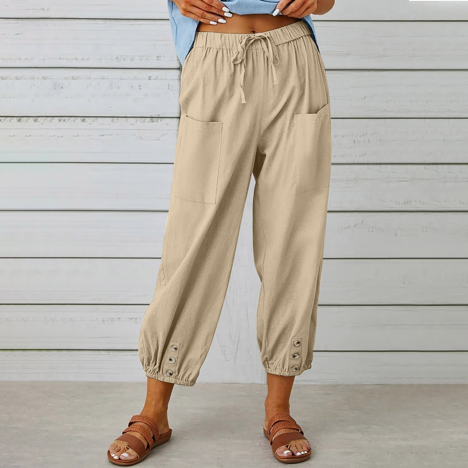 Women Drawstring Tie Pants Spring Summer Cotton And Linen Trousers With Pockets Button - 𝓢𝓱𝓸𝓹𝓵𝓮𝓬𝔂